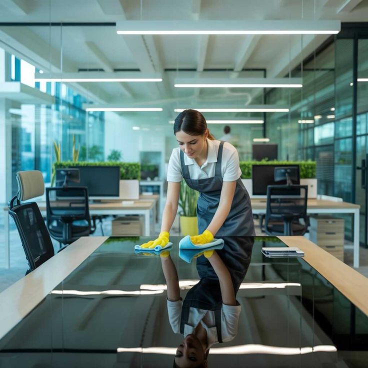 Cleaner wiping office desk
